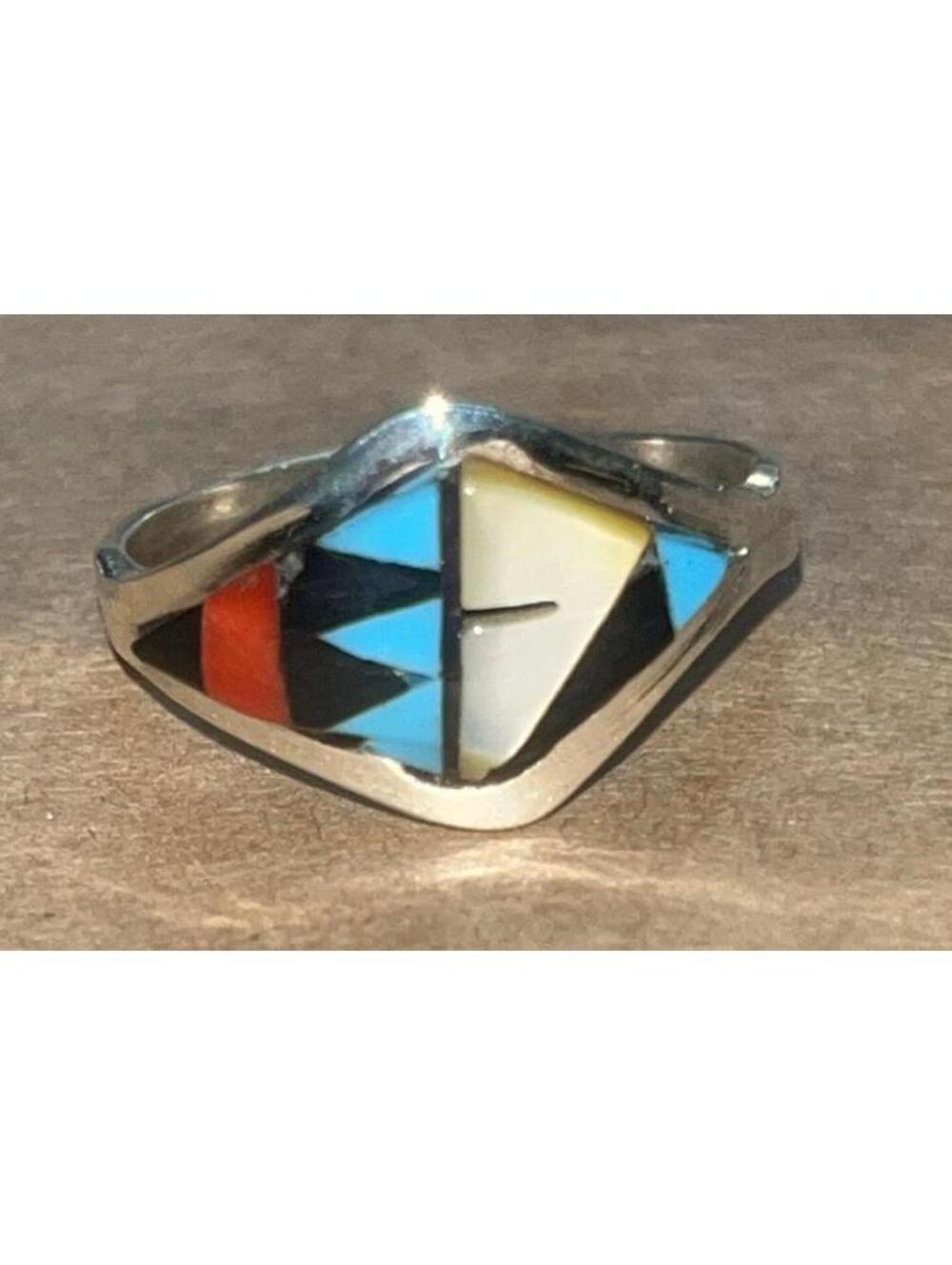 Zuni cluster turquoise multi onyx coral sterling silver inlay ring size 7.25